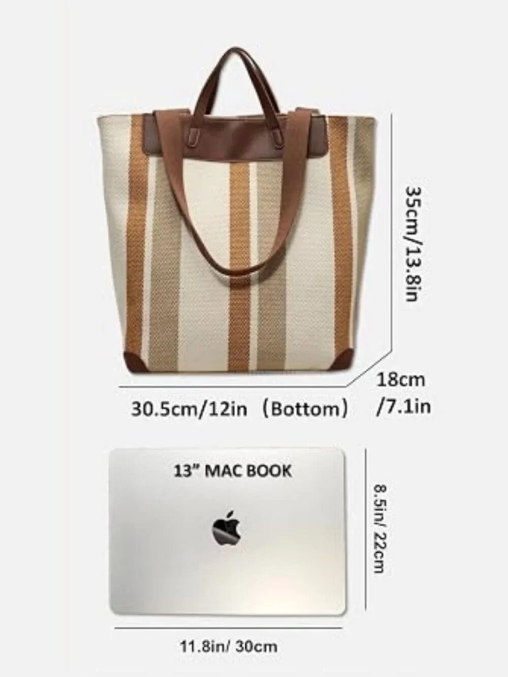 Large Beige Brown Stripe Canvas Tote Laptop Shoulder Bag Faux Leather Handles